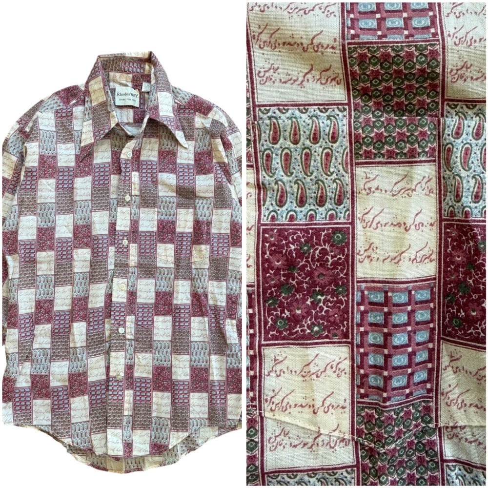 Vintage RhodesWay Men Burgundy Patchwork Paisley Persian Poem Button Down Shirt